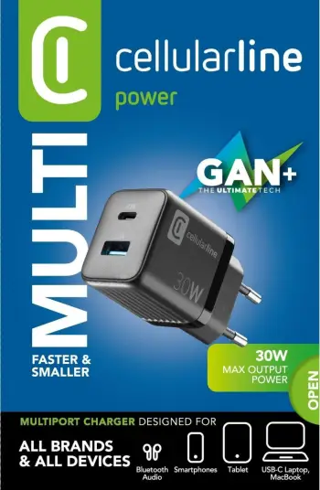 Karikues rrjeti Cellularline USB Charger Multipower Micro 30W GaN, 2 porta, i bardhë