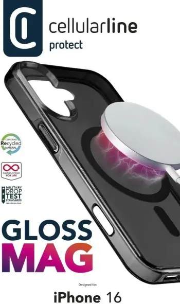 Mbështjellës Cellularline Gloss MagSafe për iPhone 16, i zi