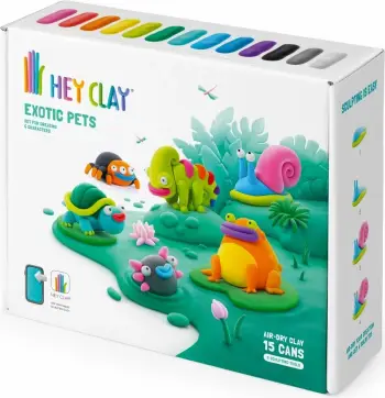 Set plasteline Tm Toys Hey Clay Exotic Animals, 15 kanaçe, 6 figura, shumëngjyrëshe