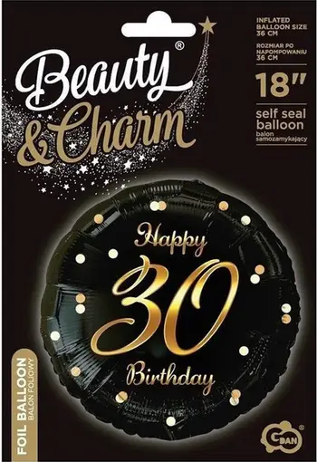Balonë folie GoDan Happy 30 Birthday, i rrumbullakët, i zi dhe ari