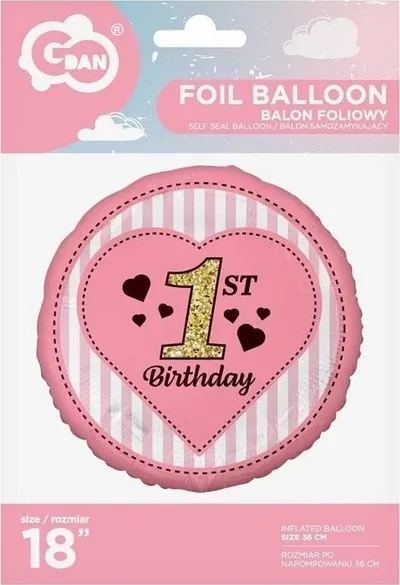 Balonë folie GoDan 1st Birthday, 45 cm, rozë - 1