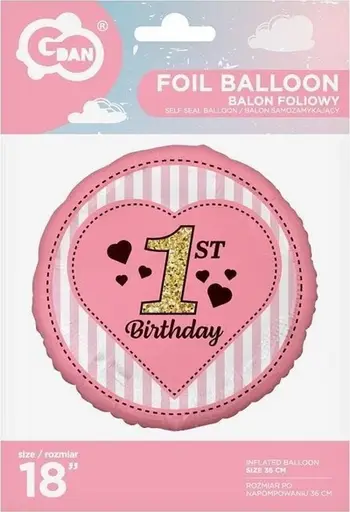 Balonë folie GoDan 1st Birthday, 45 cm, rozë