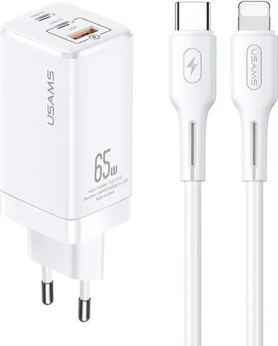 Karikues Usams MT, 1x USB-A, 2x USB-C, Lightning, 3 A, 65W, i bardhë - 1