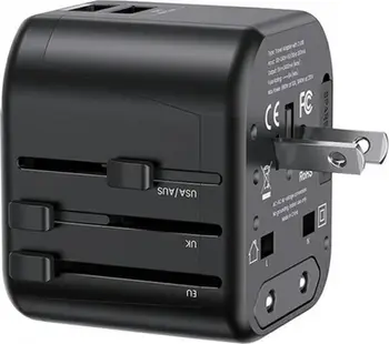 Karikues udhëtimi USAMS T55 US CC173, 2xUSB 12W, adapter universal 4 në 1, i zi