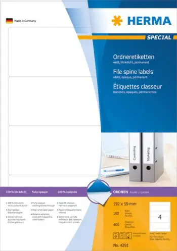 Etiketa Herma Special 4291 për dosje, A4, 192 x 59 mm, 400 copë, të bardha