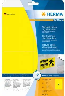 Etiketa vetëngjitëse HERMA Special 8032, A4, 105x148mm, mat, ngjitje e fortë, e verdhë