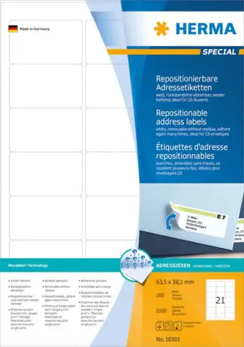Etiketa adrese Premium Herma, A4, 63.5x38.1mm, 210 copë, të bardha