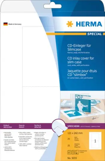 Etiketa Herma për kuti CD/DVD, 121 x 242 mm, 25 copë, e bardhë