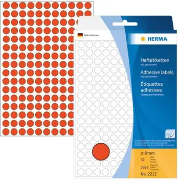 Etiketa vetëngjitëse të rrumbullakta Herma, 8 mm, të kuqe