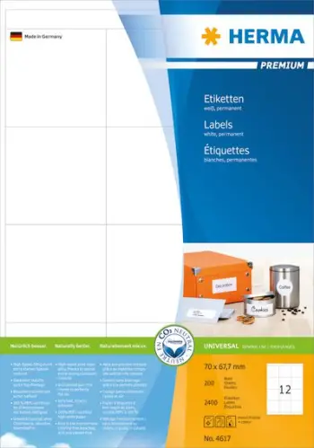 Etiketa Herma Premium 4617, A4, e bardhë, 70 x 67.7 mm, letër mat, 2400 copë