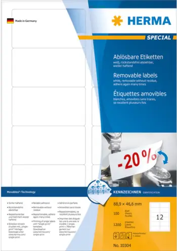Etiketa të lëvizshme Herma A4, 88.9x46.6mm, 1200 copë, të bardha