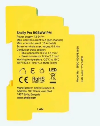 Modul ndriçimi smart Shelly Pro RGBWW PM, matje energjie, montim DIN rail, i bardhë