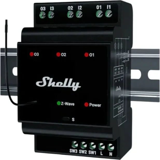 Relé i mençur Shelly Wave Hutschiene Pro 3, 3x16A, Z-Wave, e zezë - 1
