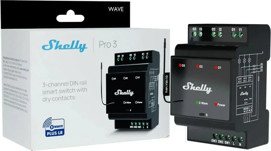 Relé i mençur Shelly Wave Hutschiene Pro 3, 3x16A, Z-Wave, e zezë - 3
