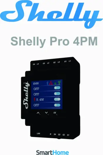 Rele inteligjente Shelly Pro 4PM, 4 kanale, WiFi LAN Bluetooth, për shinë DIN
