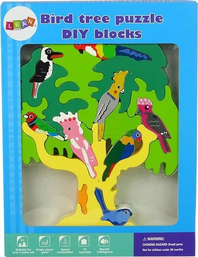 Puzzle druri LeanToys Wooden Tree Birds Parrots, pemë montuese, lodër edukative - 3