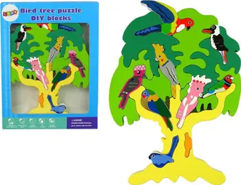 Puzzle druri LeanToys Wooden Tree Birds Parrots, pemë montuese, lodër edukative
