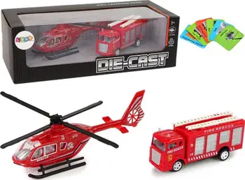 Set lodrash LeanToys Fire Department, vetura zjarrfikëse pull back, helikopter i kuq