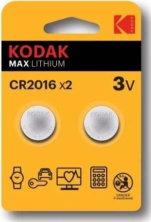 Bateri litiumi Kodak Max CR2016, 3V, paketim me 2 copë, argjendi - 1