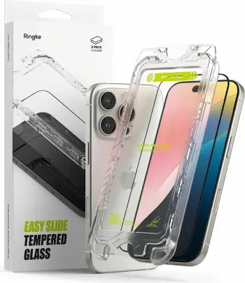 Xham mbrojtës për ekran, Ringke Easy Slide, për iPhone 16 Pro, 2-pack, Kornizë e zezë