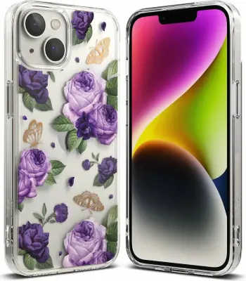 Mbulesë mbrojtëse Ringke Fusion Design për iPhone 14 Plus, xhel dhe pjesë e pasme e fortë, transparente Purple Rose