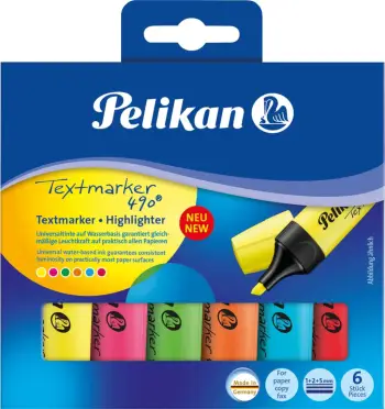 Set markerash Pelikan Textmarker 490, 6 copë, multikolor, bojë me bazë uji, kuti