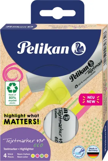 Marker nënvizues Pelikan Highlighter 490 Eco, set 4 copë, ngjyra neon