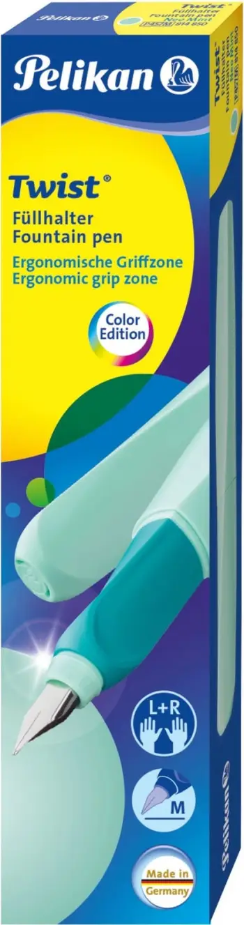 Stilolaps Pelikan Twist, ngjyrë mint, sistem kartridži, shkrim blu