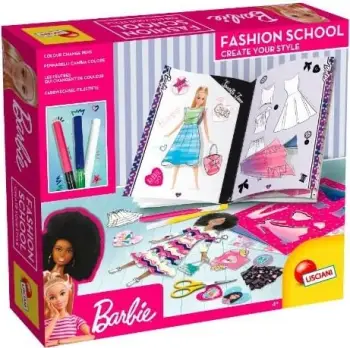 Set kreativ Lisciani Barbie Fashion School, 4 libra mode, me markera dhe ngjitësa, shumëngjyrësh