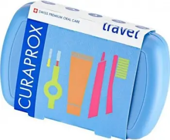 Set udhëtimi për dhëmbë Curaprox Travel Set Blue, furçë dhëmbësh, pastë dhëmbësh, blu