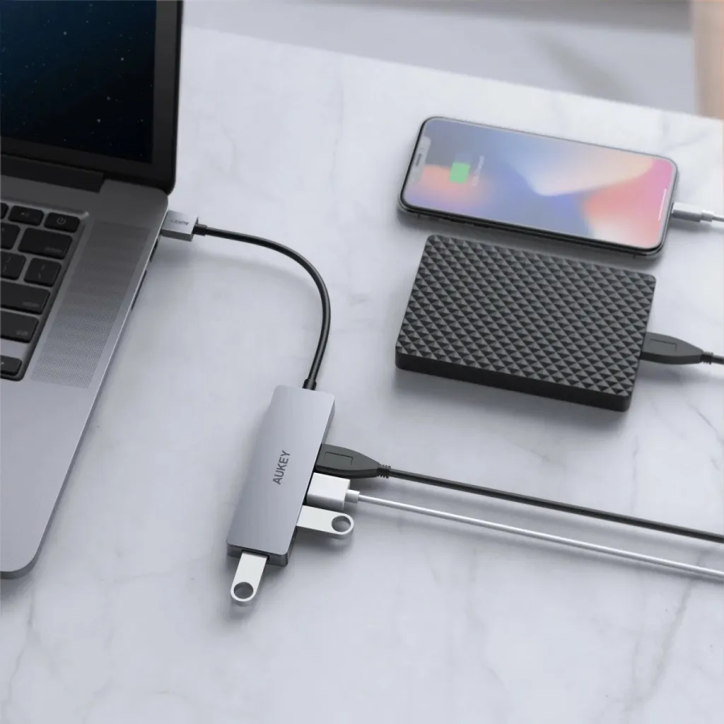 Stacion lidhës USB-A Aukey CB-H3, 4 porte, 5Gbps, i argjendtë - 4