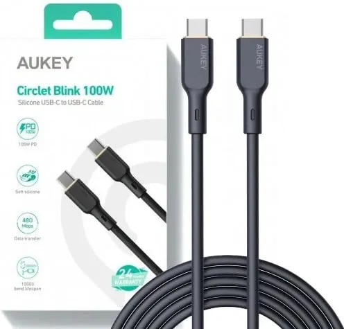 Kabllo Aukey, USB C / USB C, 1 m, e zezë - 1