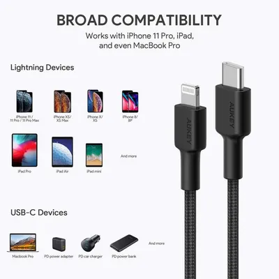 Kabllo Aukey, Lightning / USB C, 2 m, e zezë - 8