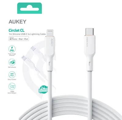 Kabllo Aukey, Lightning / USB C, 1.8 m, e bardhë, e zezë - 1