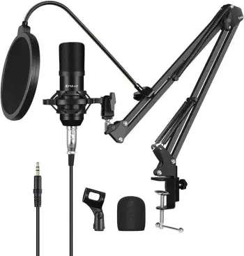 Mikrofon kondensator Puluz PU612B për studio, me filtër POP, i zi, set me aksesorë