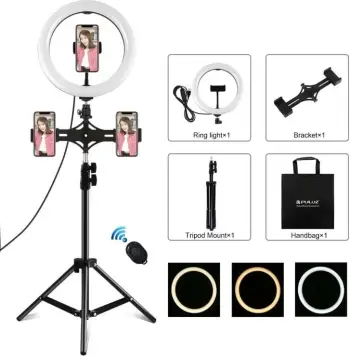 Ring light me tripod Puluz PKT3070B, 26cm, 1.1m, me mbajtëse të dyfishtë për telefon, 3 ngjyra ndriçimi