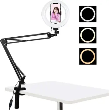 Mbajtës tavoline me ring light Puluz PKT3089B, 20cm, 3 ngjyra, me USB