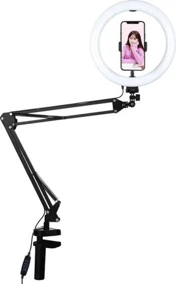 Ring light Puluz PKT3090B me stativ tavoline dhe kapëse telefoni, 26cm, LED, e bardhë