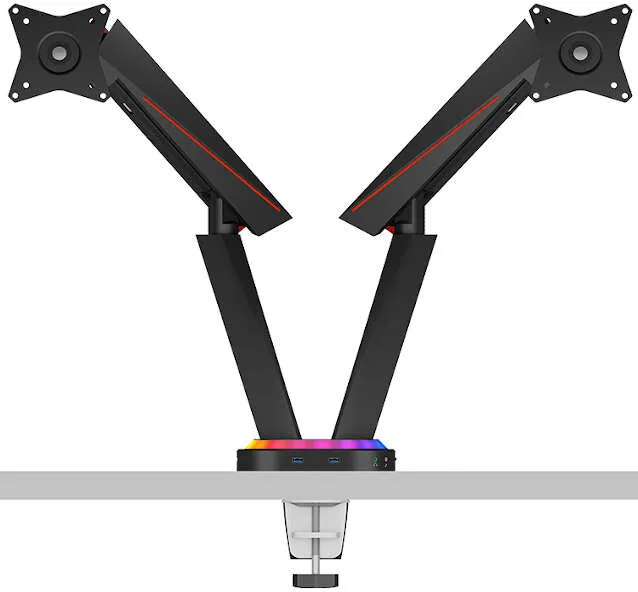 Mbajtës ICY BOX IB-MSG304BL-T për 2 monitorë, RGB, USB hub - 2