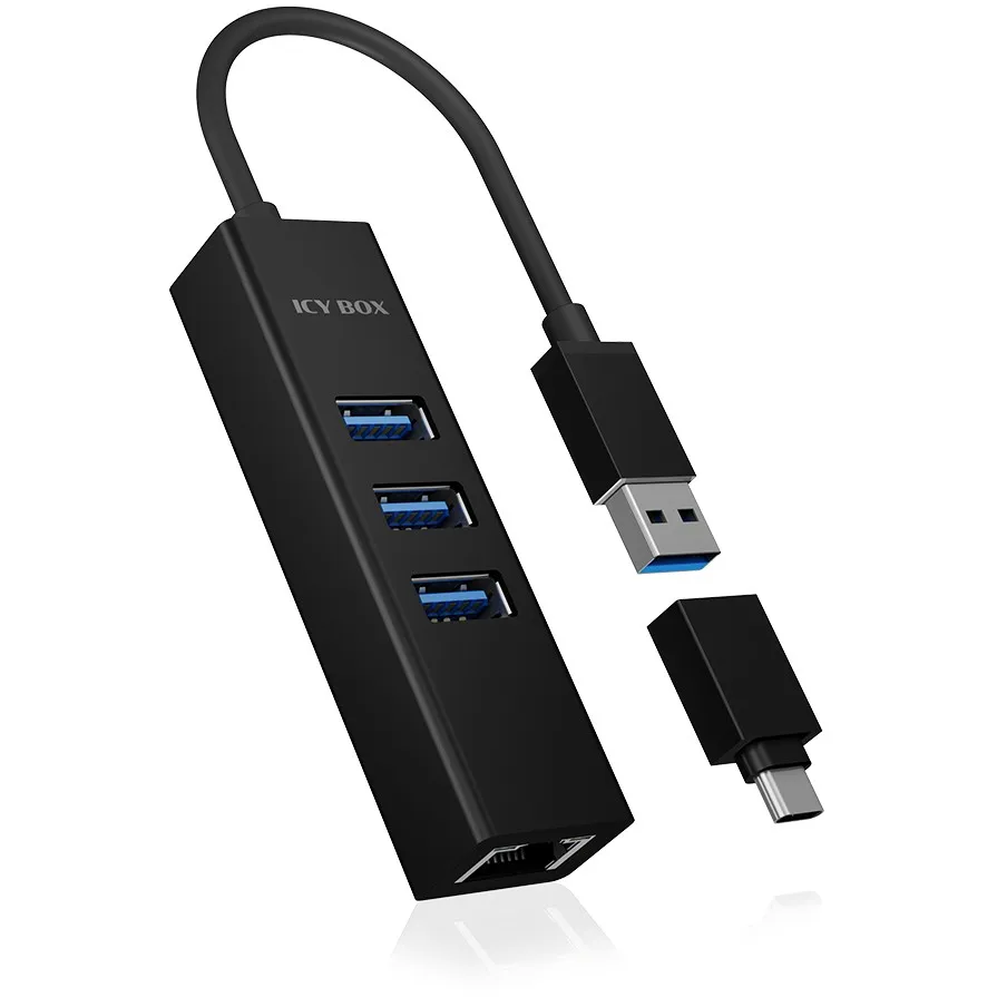 Adapter USB dhe LAN ICY BOX IB-HUB1419-LAN, USB 3.2 Gen 1, 10,100,1000 Mbit/s, i zi - 1