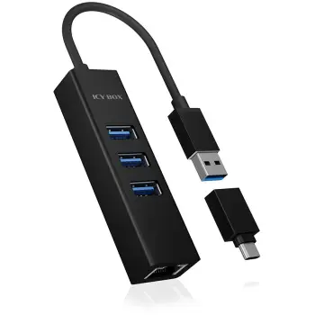 Adapter USB dhe LAN ICY BOX IB-HUB1419-LAN, USB 3.2 Gen 1, 10,100,1000 Mbit/s, i zi