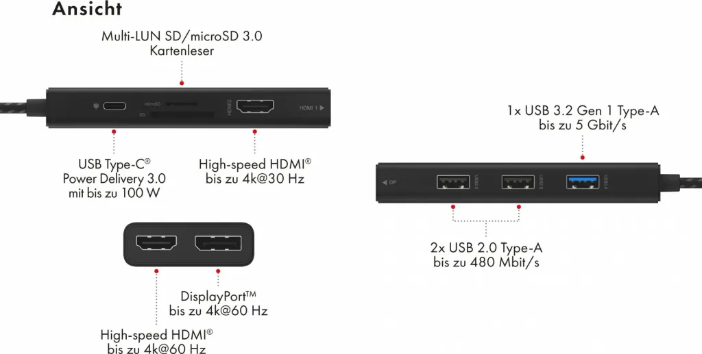 Docking station ICY BOX IB-DK4011-CPD, USB Type-C, HDMI, DisplayPort, MicroSD, e zezë - 1