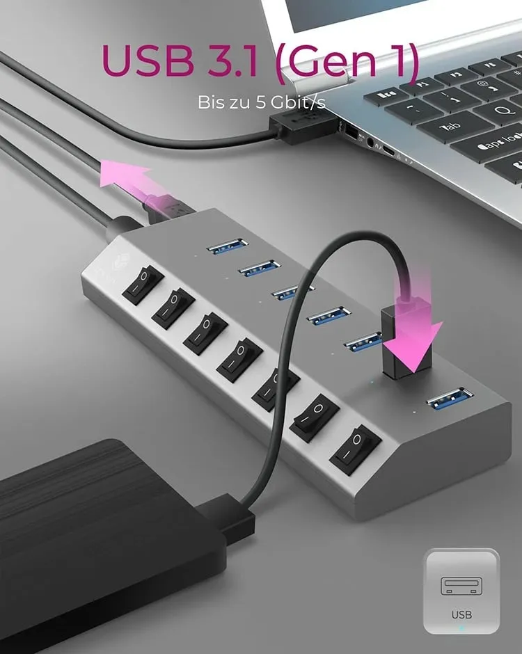 USB hub ICY BOX IB-HUB1701-C3, 7 porta, USB 3.2, alumini, anthracite - 5