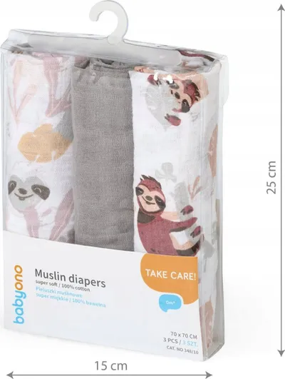 Pelena BabyOno Muslin (348/10), 3 copë, të hirta - 5