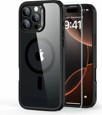 Mbështjellës ESR Classic Hybrid HaloLock MagSafe me xham të temperuar për iPhone 16 Pro Max, gjysmë-transparent me kornizë të zezë, set