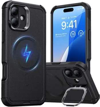 Mbështjellës ESR Cyber Tough (HaloLock) për iPhone 16, i zi, me stand