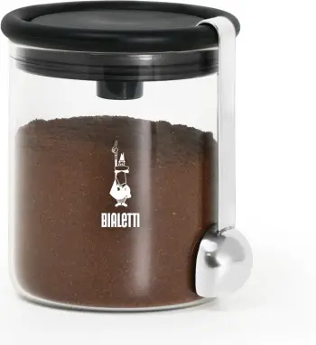 Enë kafeje Bialetti, 250g, xham, kapak plastik, e zezë/transparente