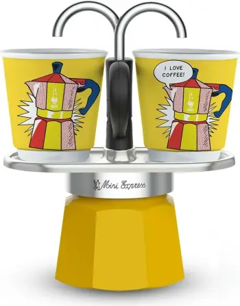 Moka pot Bialetti Mini Express Lichtenstein, 2 filxhanë, alumini, e verdhë