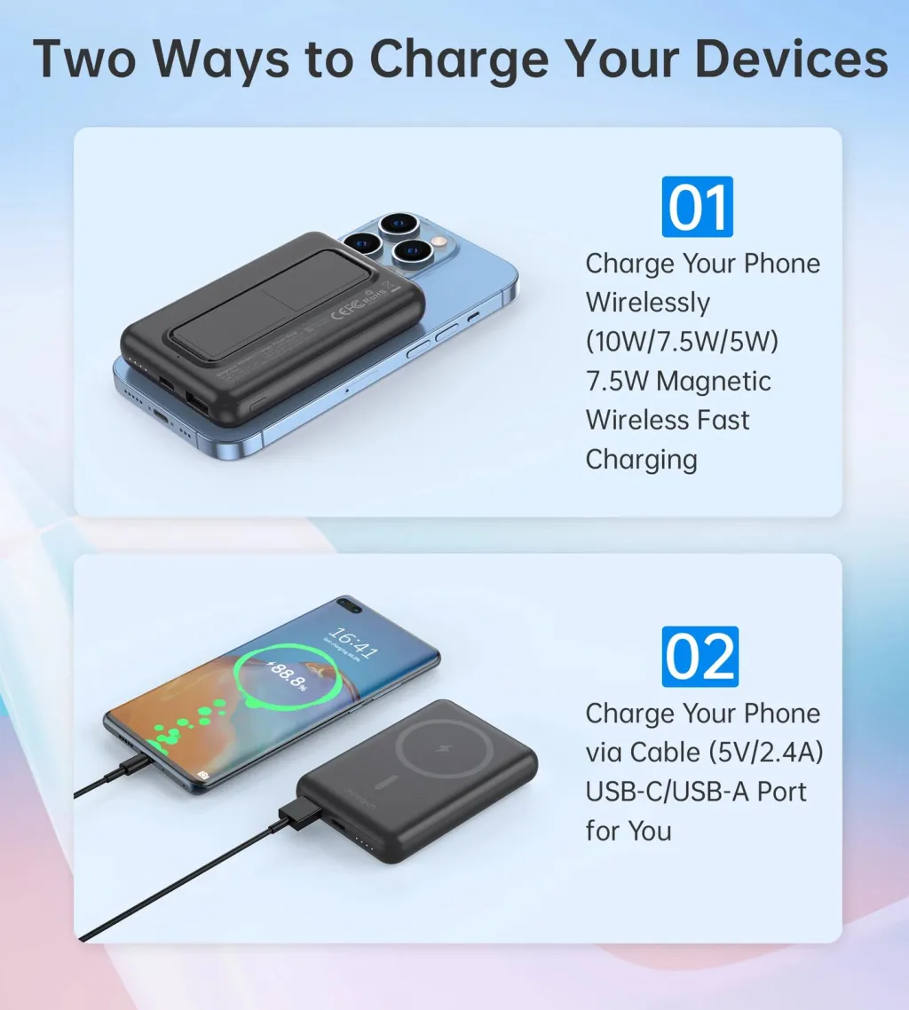 Powerbank Choetech B662, 5000mAh, MagSafe wireless, USB-C/USB-A, e zezë - 5