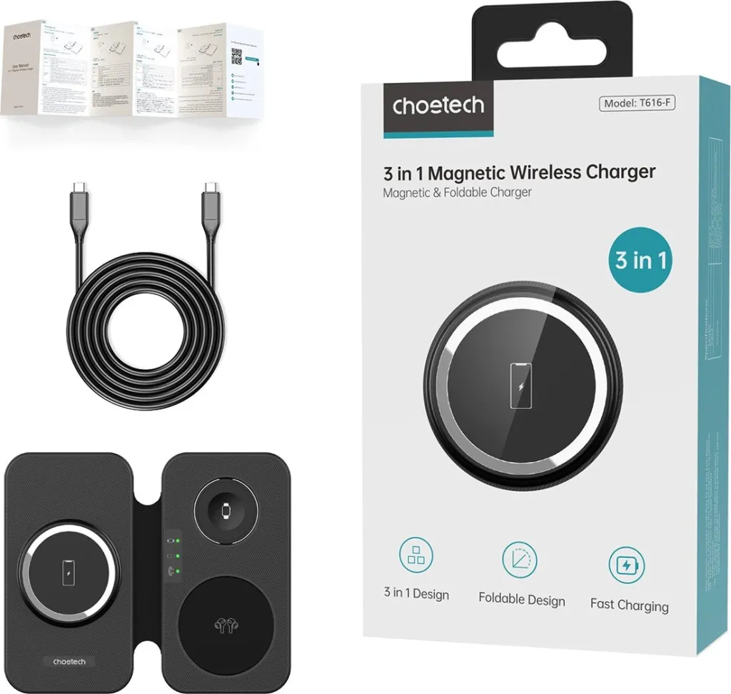 Karikues wireless 3-në-1 Choetech T616-F, me LED, me kabllo USB-C, i zi - 3